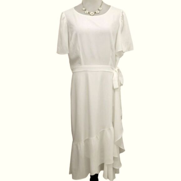 Alex Marie Dress White Short Flutter Sleeve Midi Wrap Ruffle Hem Flowy Dainty 10 - Picture 1 of 12